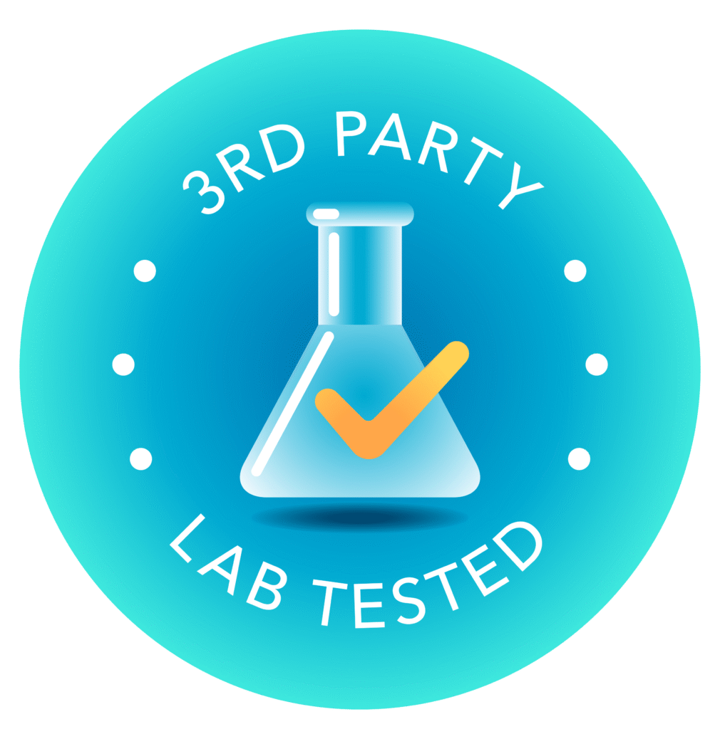 Round, blue icon with 3rd Party Lab Tested text and a flask with a checkmark.