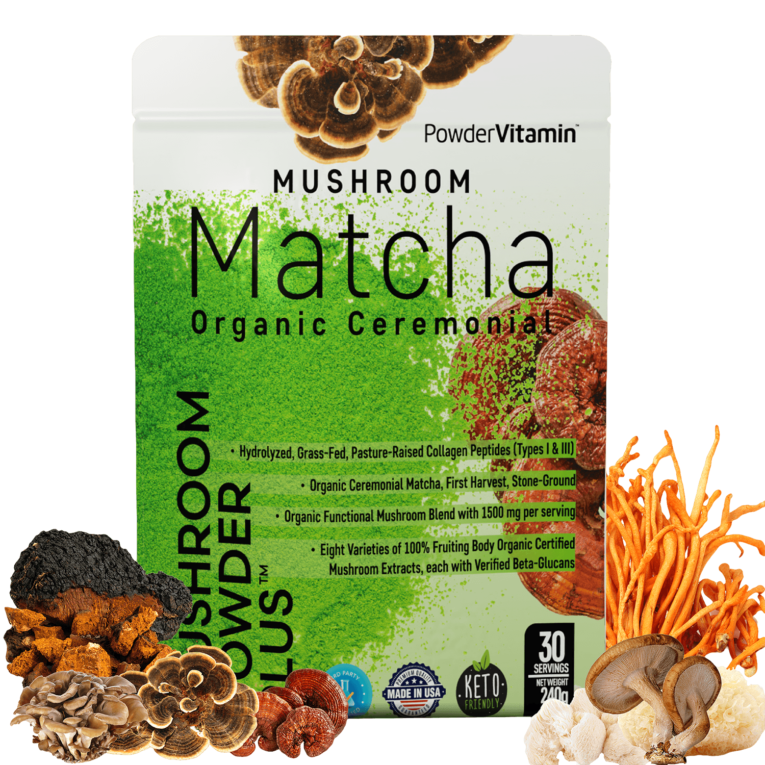 Mushrooms surround PowderVitamin Mushroom Matcha packaging detailing organic ceremonial matcha and collagen.