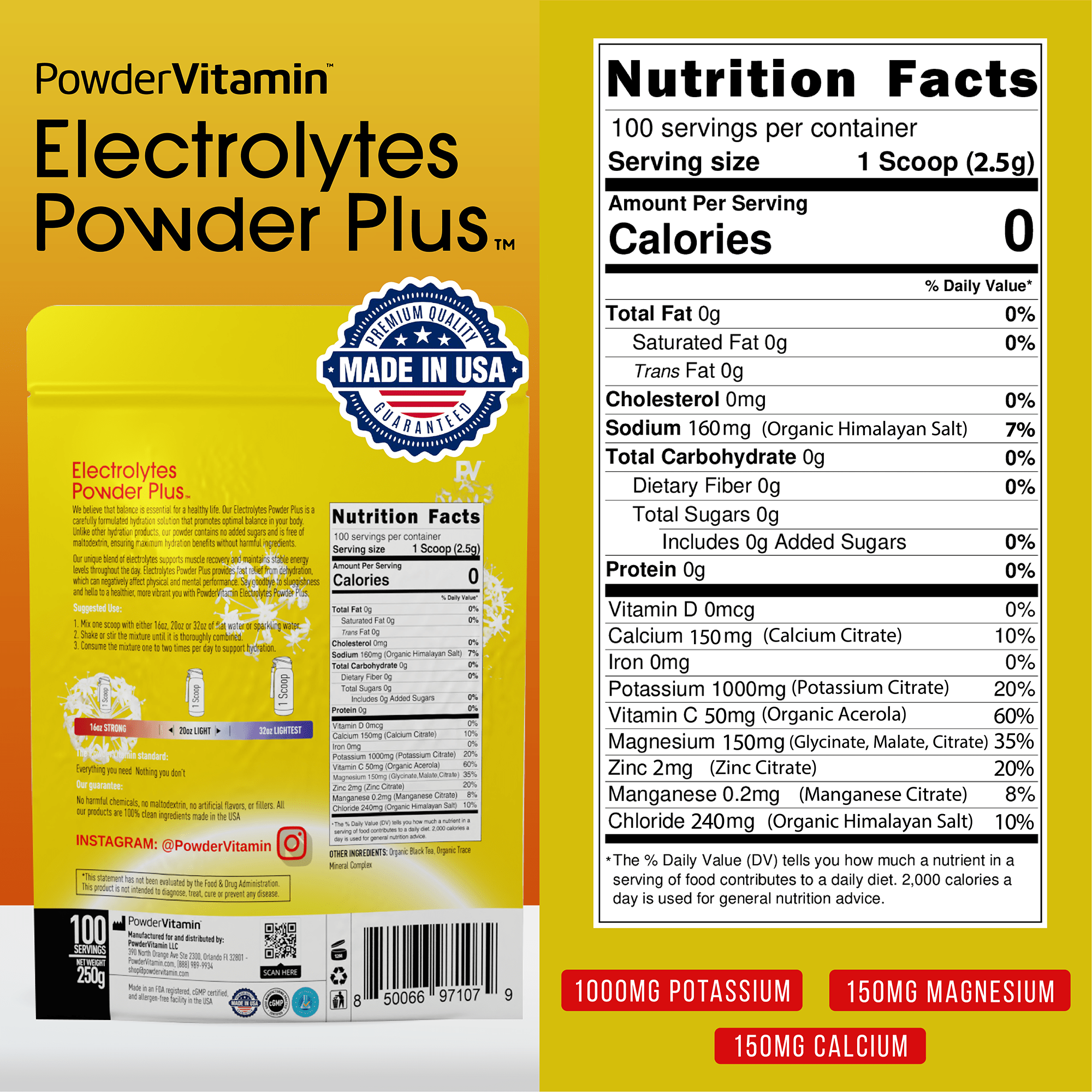 Unsweetened organic black tea electrolytes, 100 servings, with full nutrition facts and USA seal.