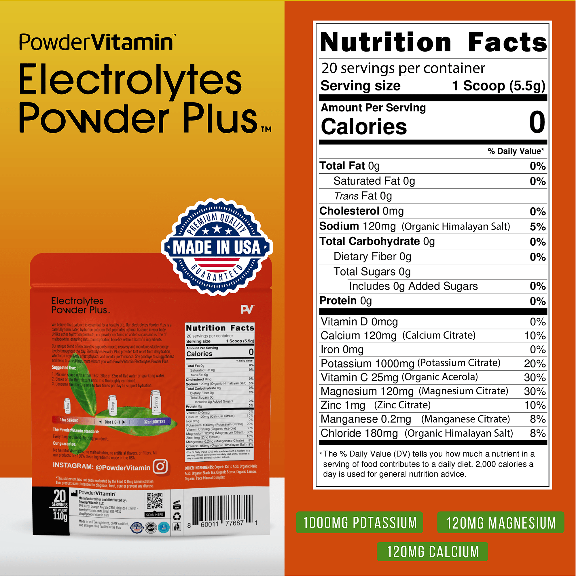 Powdervitamin Electrolytes Powder Plus, with 20-serving nutrition facts and US seal.