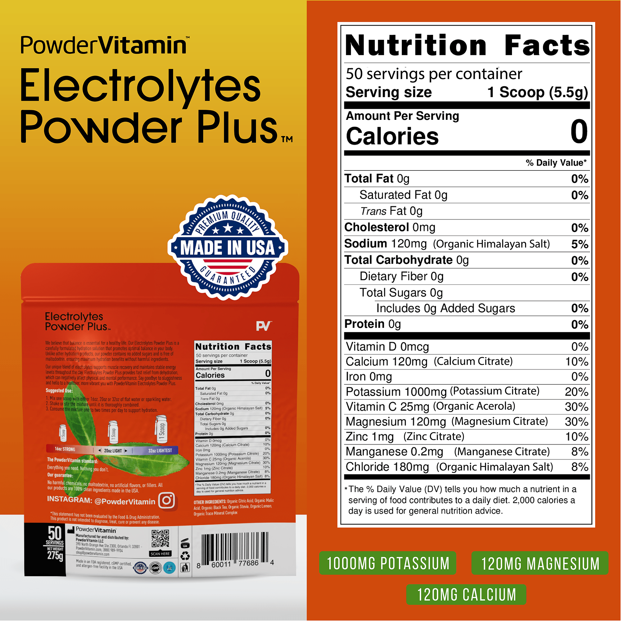 Powdervitamin Electrolytes Powder Plus, with 50 serving nutrition facts and US seal.