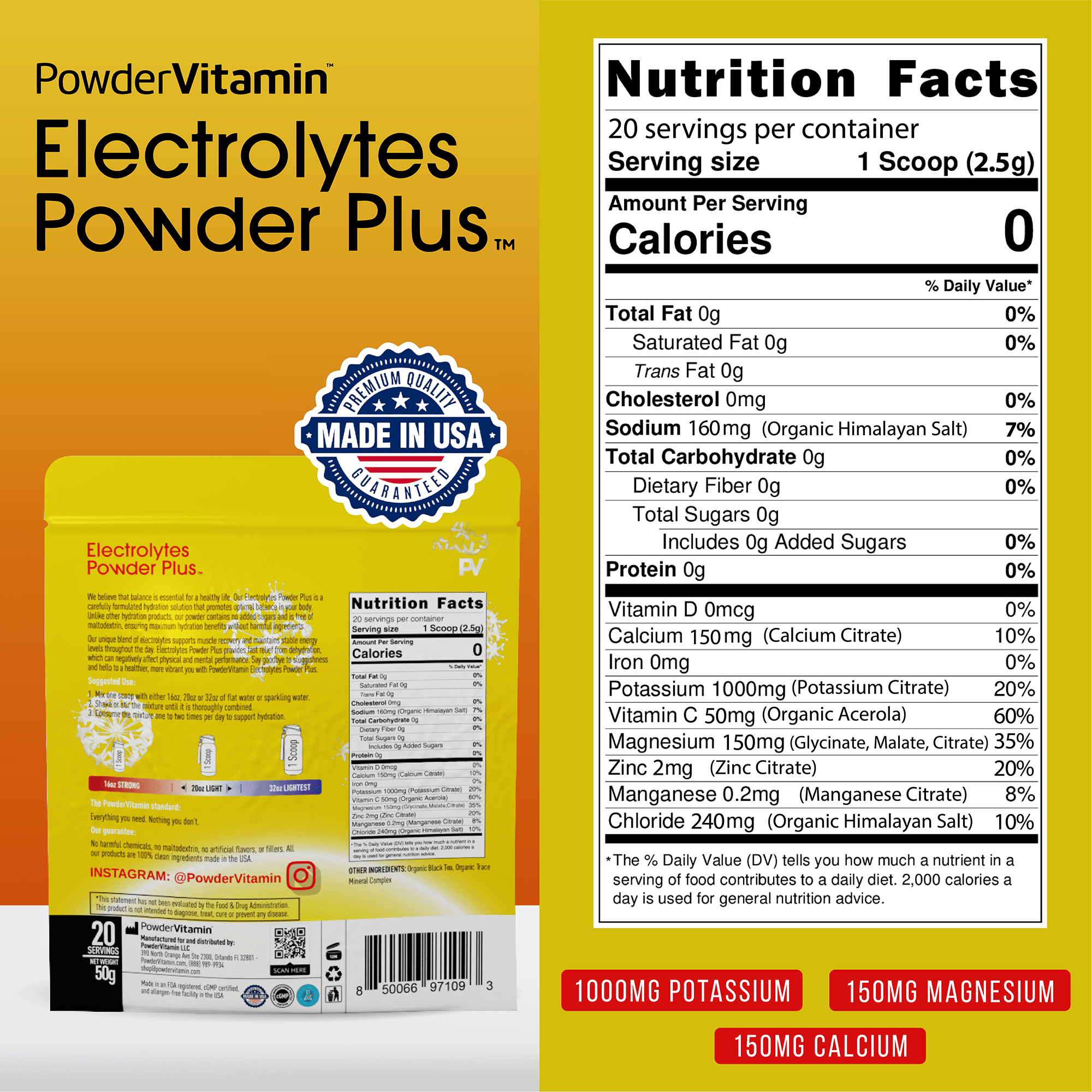 Unsweetened organic black tea electrolytes with full nutrition facts and USA seal for 20 servings.