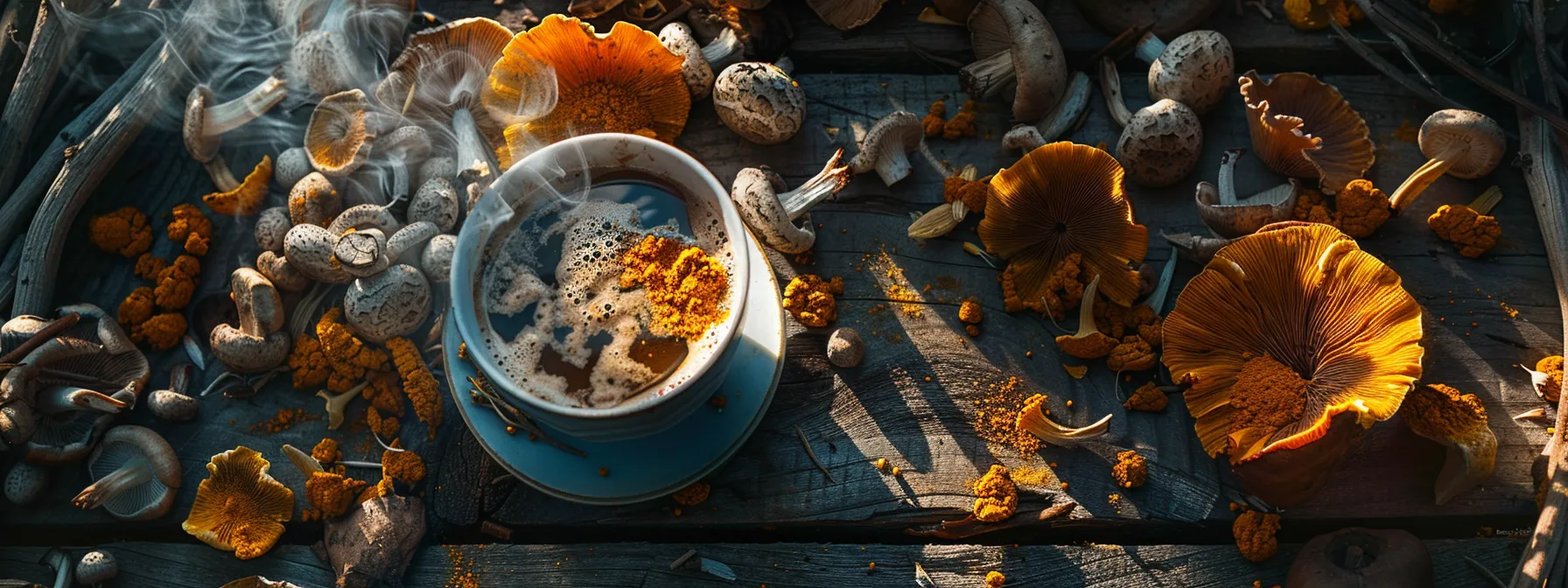 a beautifully arranged overhead shot of a steaming mug of mudwater mushroom blend, surrounded by scattered, vibrant turmeric and dried mushrooms, all bathed in warm, soft light to evoke a sense of comfort and vitality.
