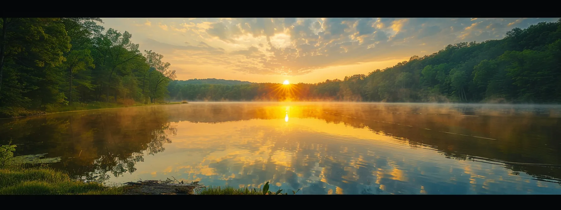 a breathtaking golden sunrise casts a warm glow over a tranquil misty lake, reflecting the vibrant colors of the sky and surrounded by lush, emerald green forests.