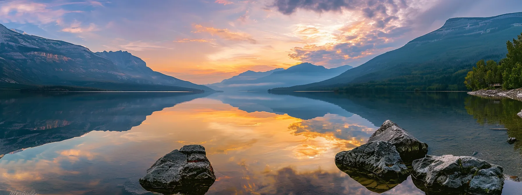 a breathtaking landscape captures a vibrant sunset casting golden hues over a tranquil lake, surrounded by towering mountains reflecting perfectly in the calm water.