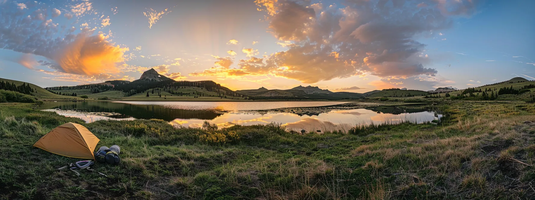 a breathtaking landscape features a vibrant sunrise casting golden hues over a tranquil lake, with majestic mountains silhouetted against the colorful sky, evoking a sense of peace and wonder.