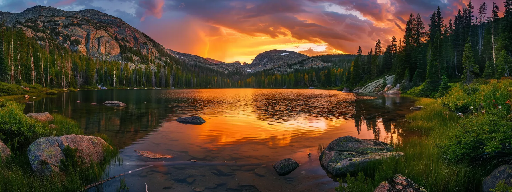 a breathtaking sunrise casts golden hues over a tranquil lake, reflecting the vibrant colors of the sky and surrounded by lush, verdant mountains.