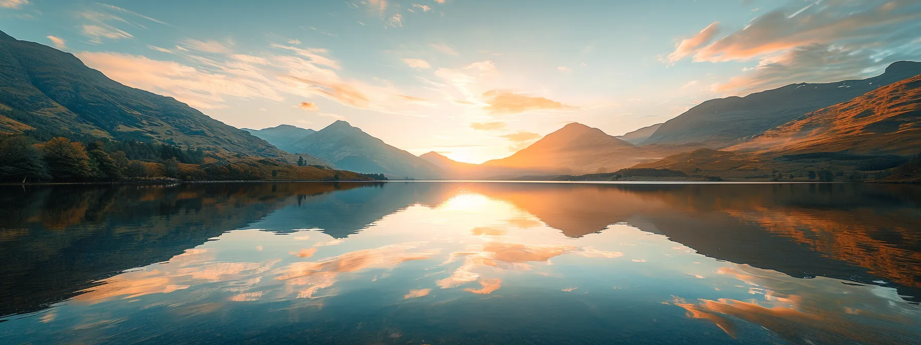 a breathtaking sunrise casts golden light over a tranquil lake, surrounded by majestic mountains reflected in the still water, creating a serene and awe-inspiring landscape.