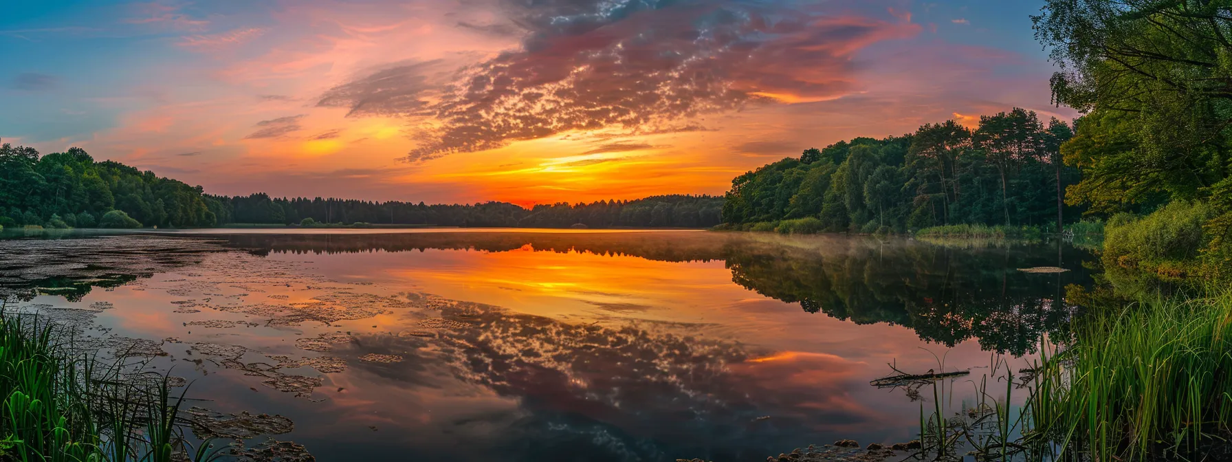 a breathtaking sunrise casts golden hues over a serene lake, reflecting the vibrant colors of the sky and surrounded by lush, emerald green forests.