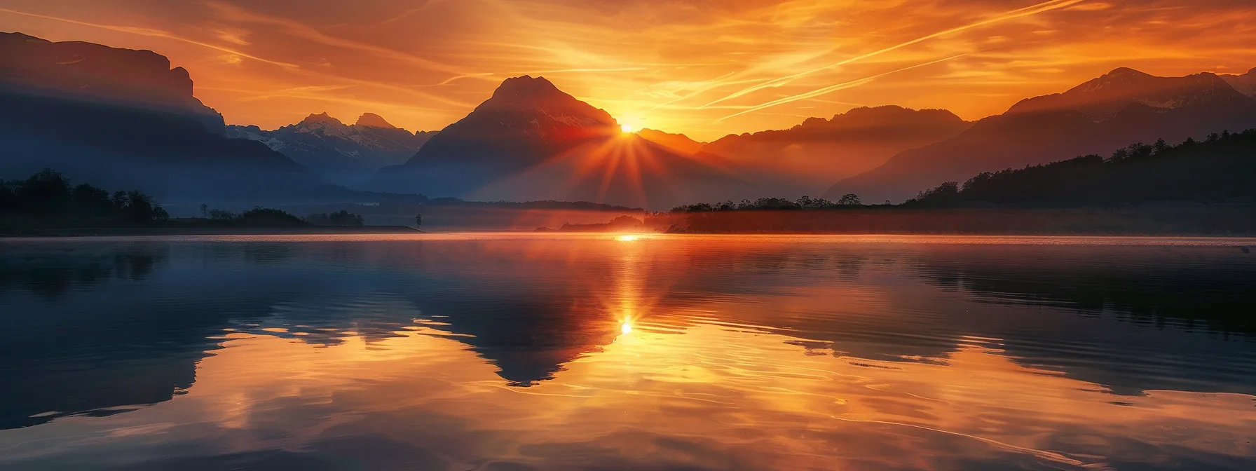 a breathtaking sunrise casts golden hues over a tranquil lake, reflecting the silhouette of majestic mountains in the distance, embodying a serene and harmonious natural landscape.