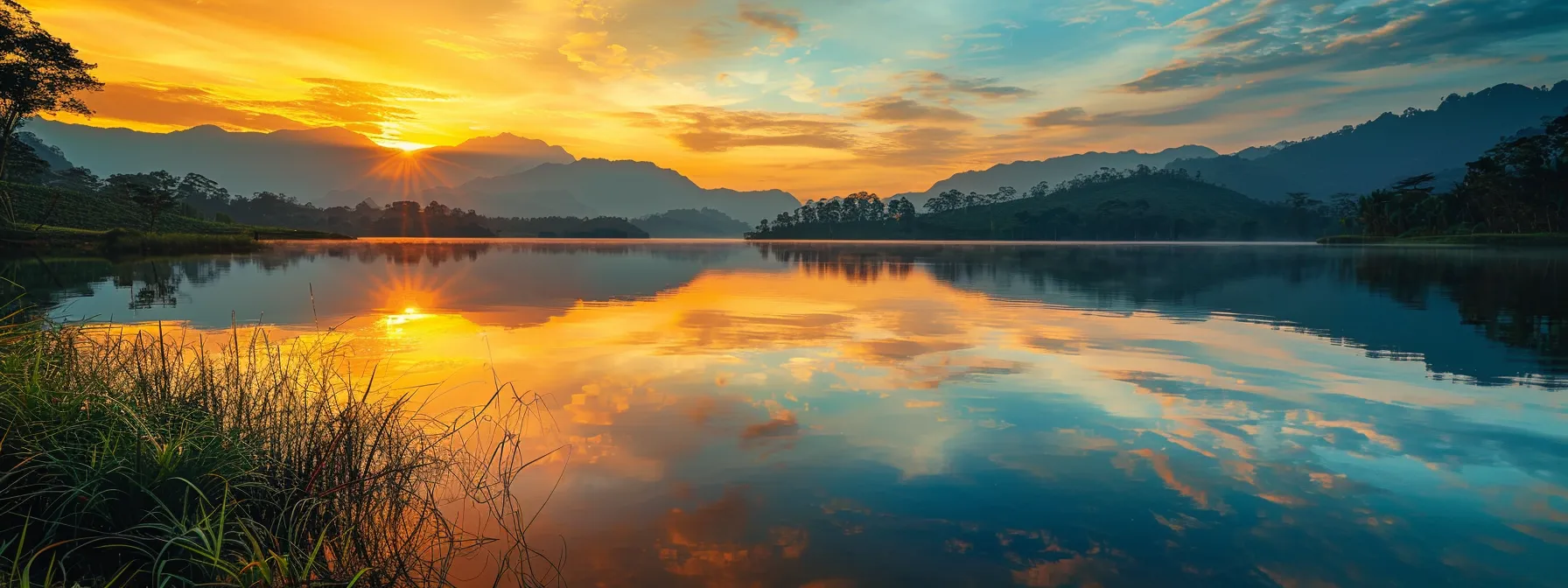 a breathtaking sunrise casts golden hues over a tranquil lake, reflecting the vibrant colors of the sky and surrounded by lush, verdant mountains.