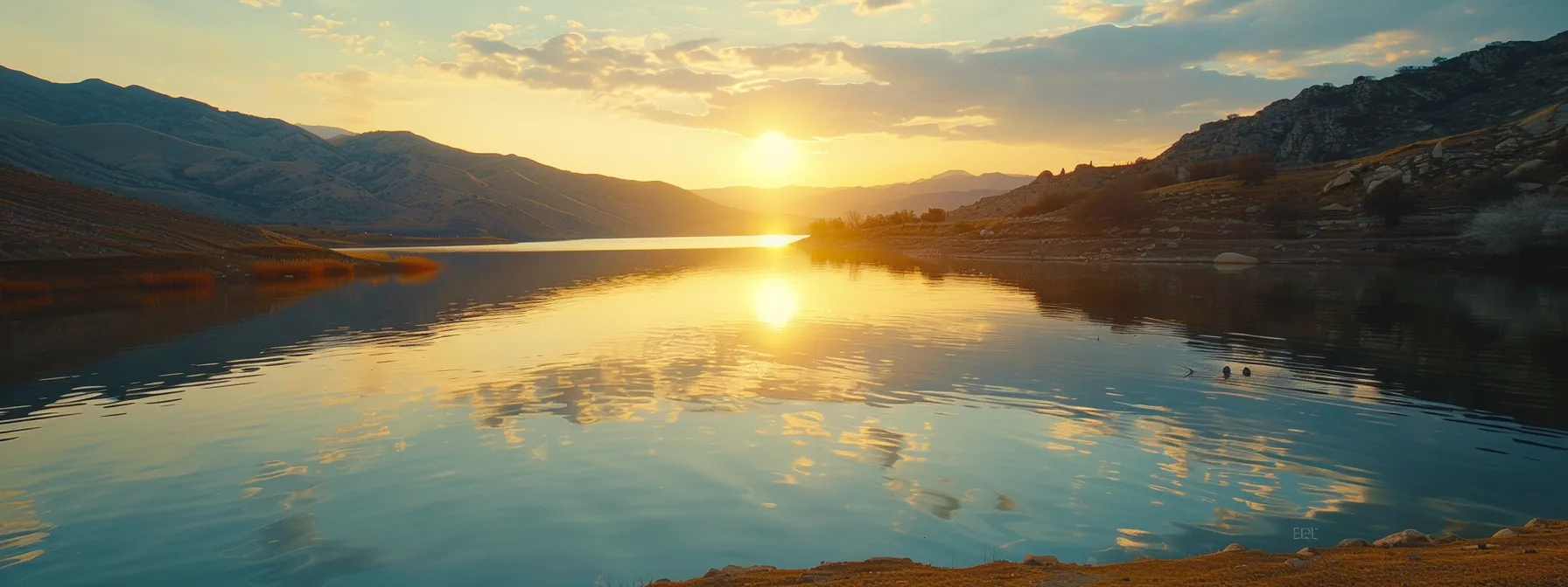 a breathtaking sunrise casts golden rays over a tranquil lake, surrounded by majestic mountains reflecting in the crystal-clear water, creating a serene and harmonious landscape.