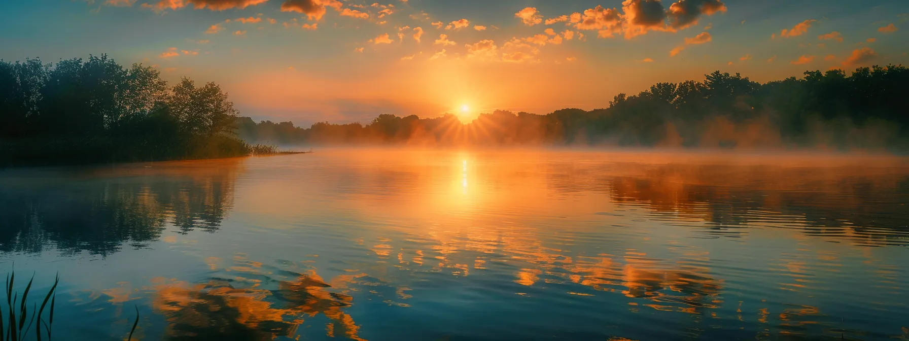 a breathtaking sunrise casts golden light over a tranquil lake, with mist rising gently from the water's surface, mirroring the vibrant colors of the sky and creating a serene, almost ethereal atmosphere.