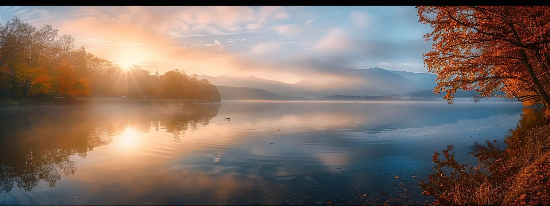 a breathtaking sunrise casts warm golden rays over a tranquil lake, where vibrant autumn leaves reflect on the crystal-clear water, creating a serene and picturesque autumn landscape.