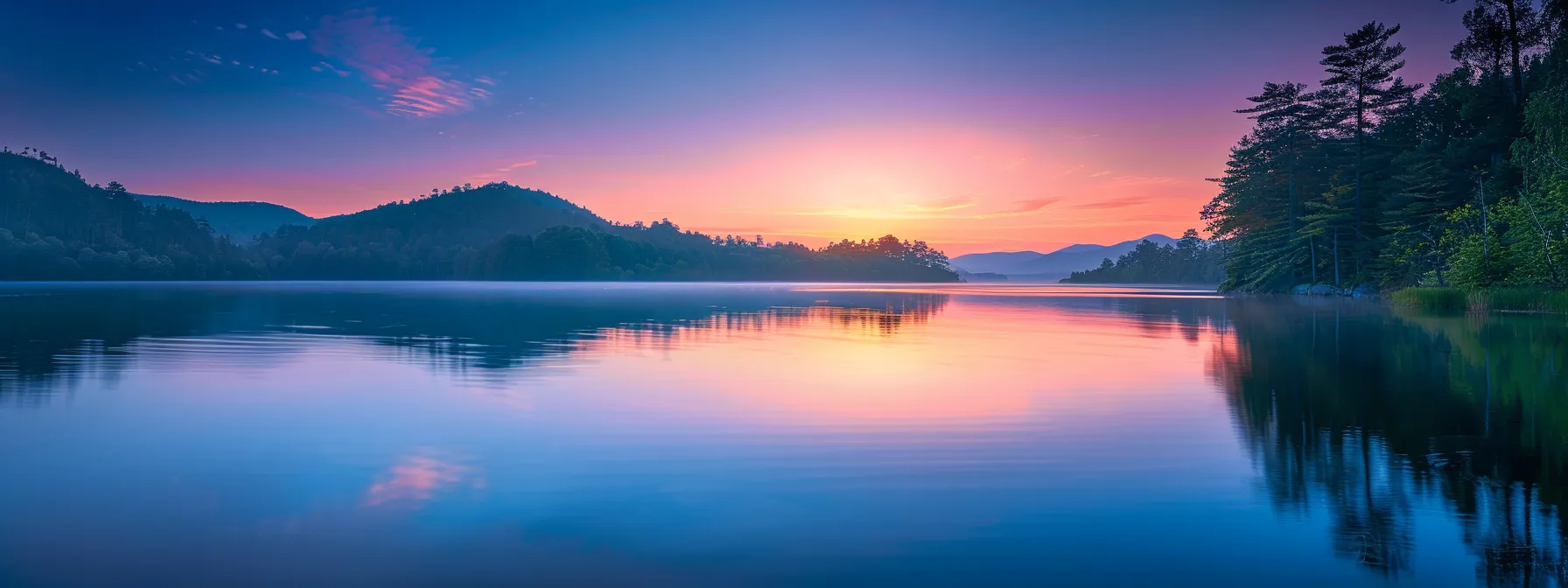 a breathtaking sunrise illuminates a tranquil lake, casting vibrant orange and pink reflections across the still water, surrounded by lush green forests and distant mountains under a clear blue sky.