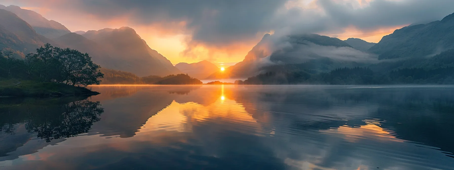 a breathtaking sunrise illuminates a tranquil lake surrounded by misty mountains, creating a serene reflection that perfectly embodies nature's harmonious beauty.