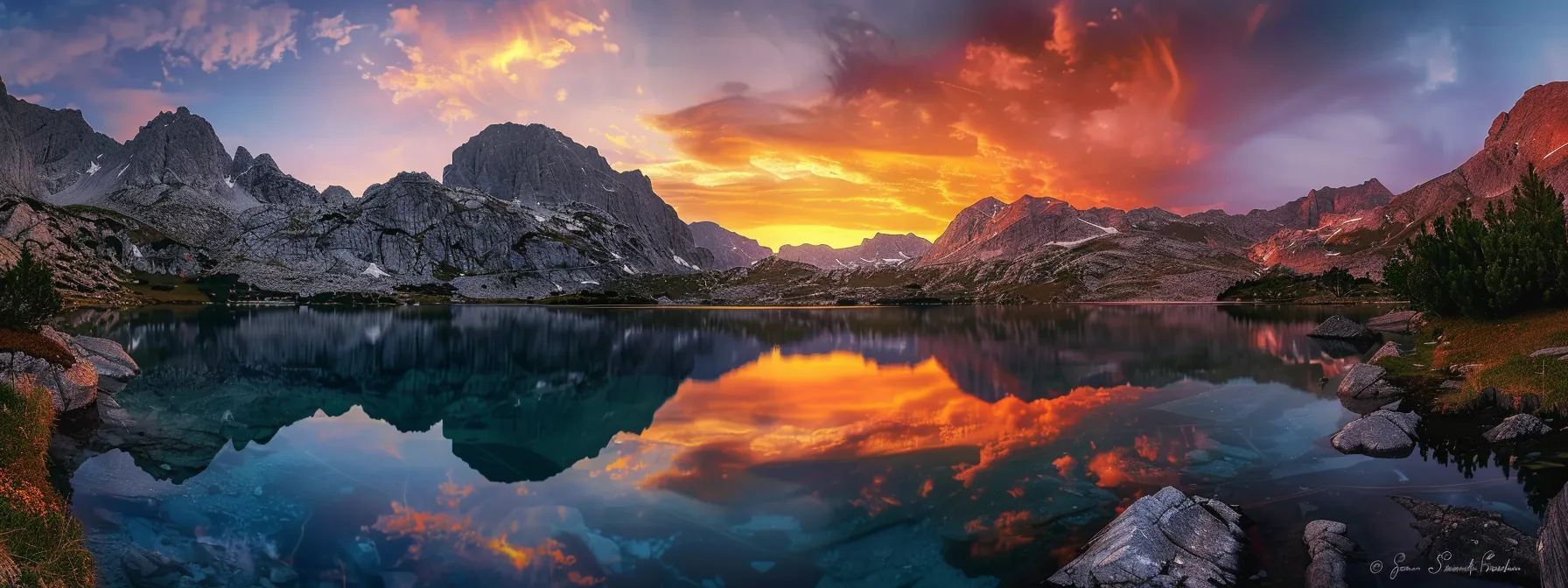 a breathtaking sunrise illuminates a tranquil mountain lake, with crystal-clear waters reflecting the vibrant colors of the sky and the majestic peaks surrounding it.