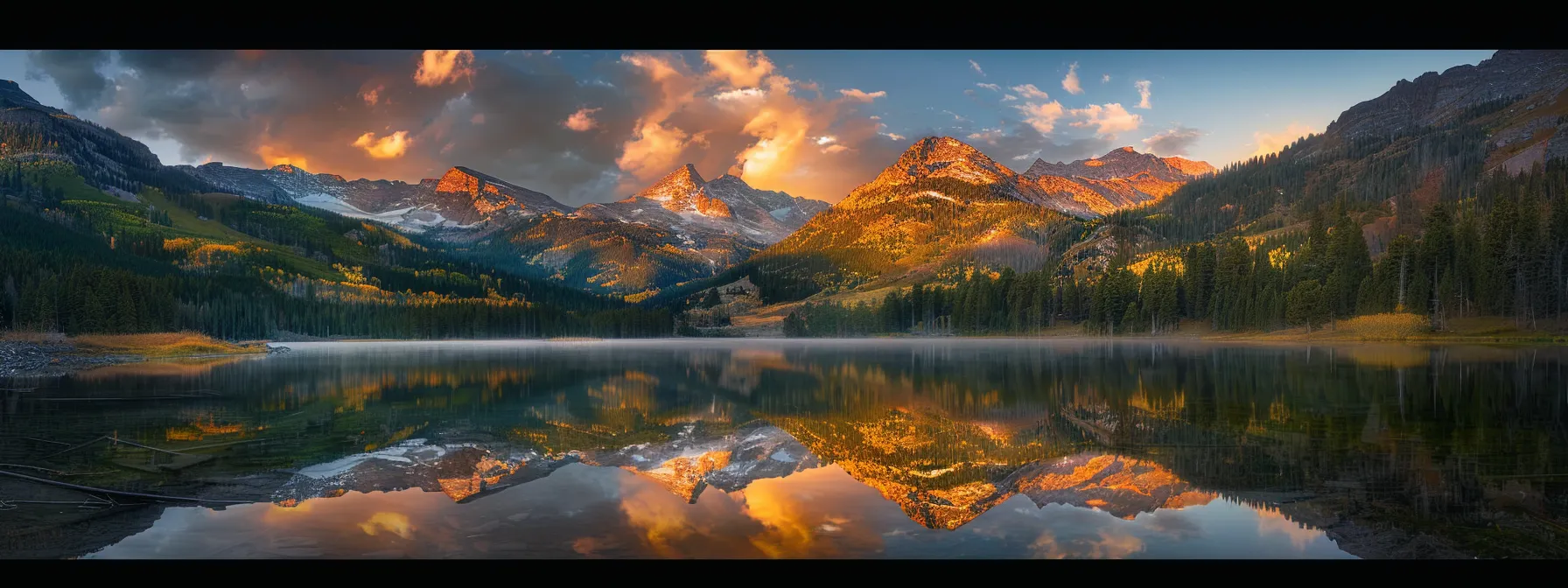 a breathtaking sunrise illuminates a serene mountain landscape, casting vibrant hues of orange and gold across the tranquil lake, reflecting the majestic peaks in perfect symmetry.