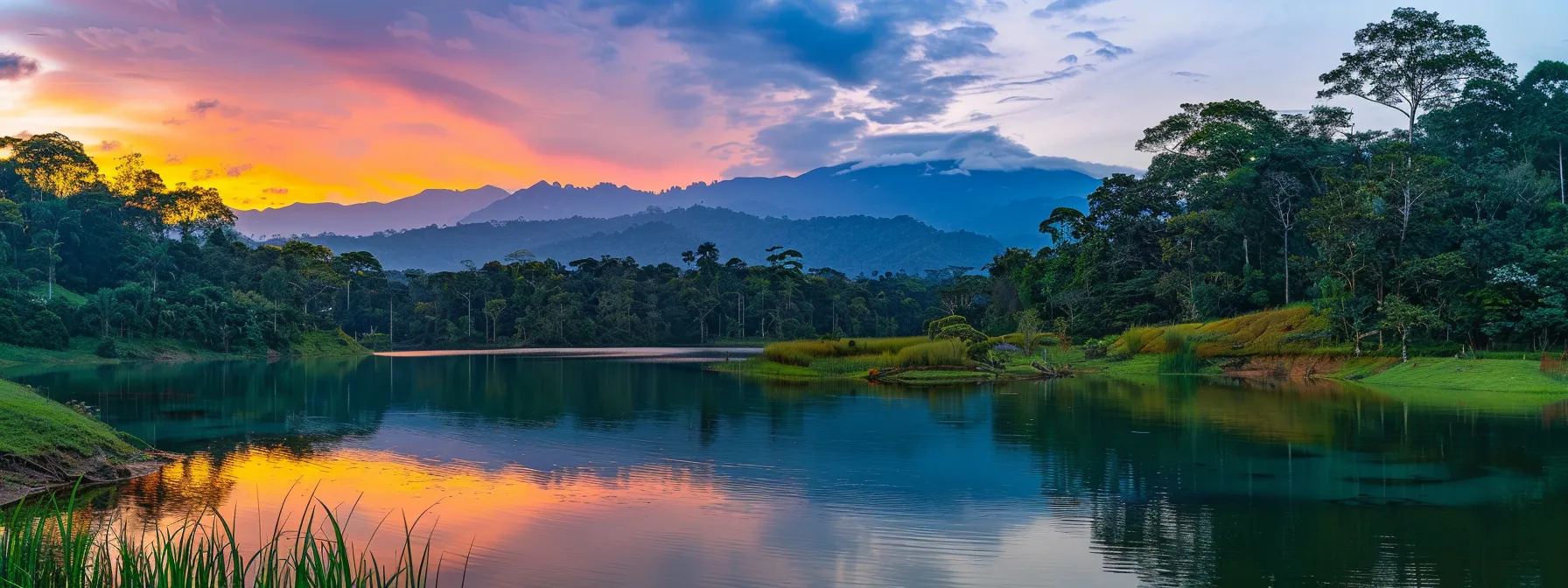 a breathtaking sunrise illuminates a tranquil mountain lake, reflecting the vibrant colors of the sky and surrounding lush forests, evoking a sense of serene beauty and peace.