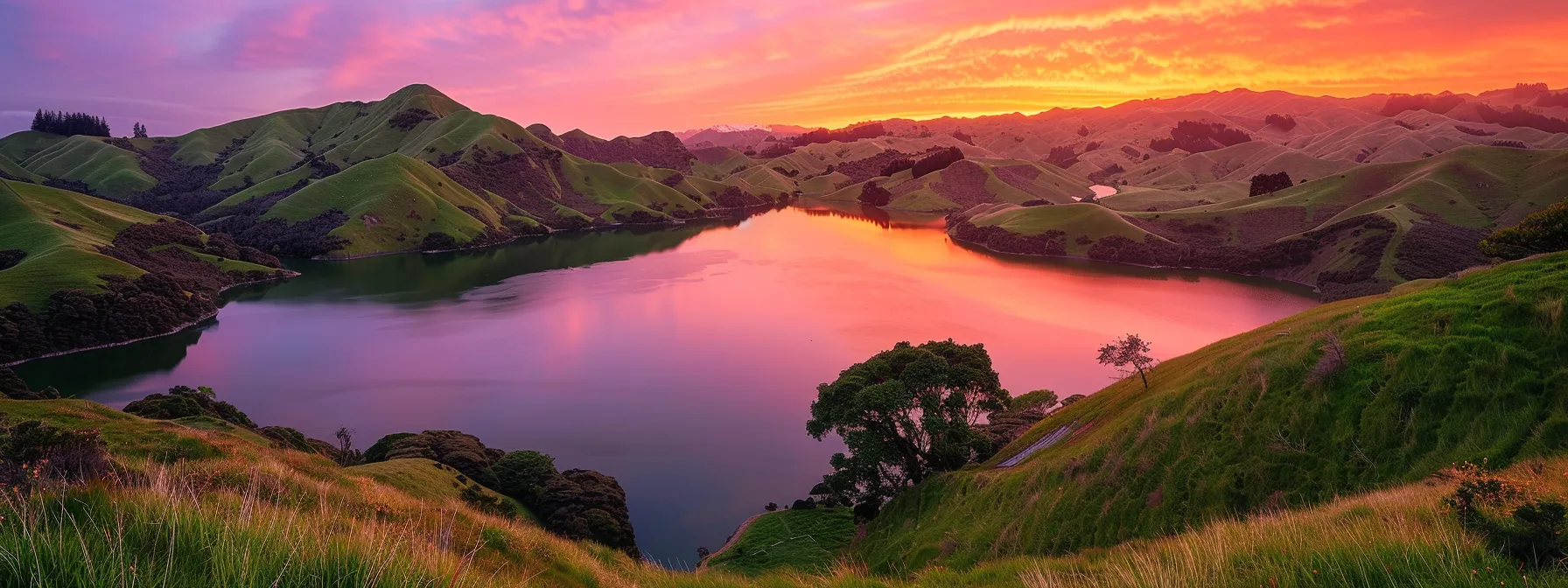 a breathtaking sunset casts a golden glow over a serene lake, reflecting vibrant hues of orange and pink across the calm water surface, surrounded by lush green hills.