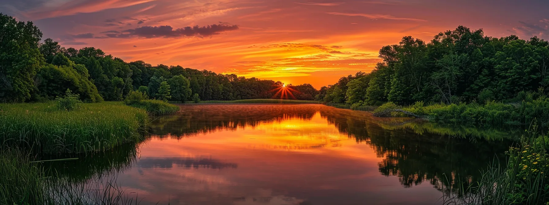 a breathtaking sunset casts a warm golden glow over a tranquil lake, reflecting vibrant hues of orange and pink, surrounded by lush green trees.