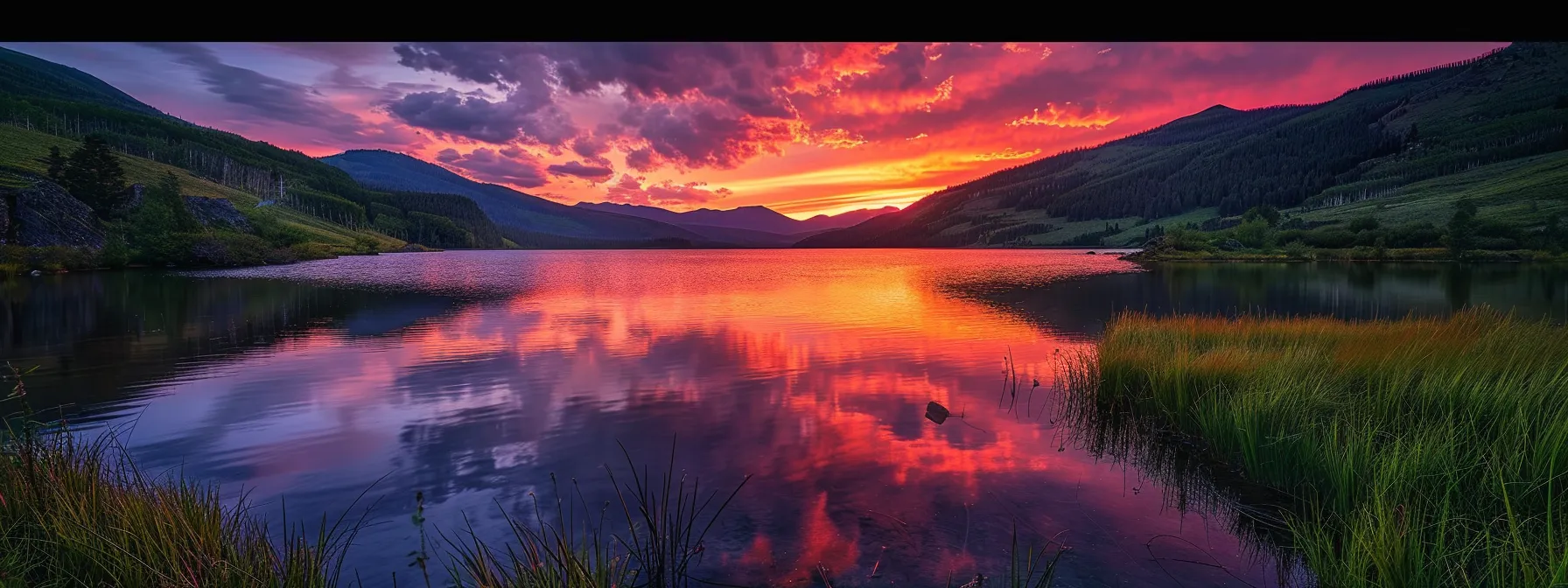 a breathtaking sunset casts vibrant hues of orange and purple over a tranquil lake, reflecting the fiery sky and surrounded by lush, green mountains.