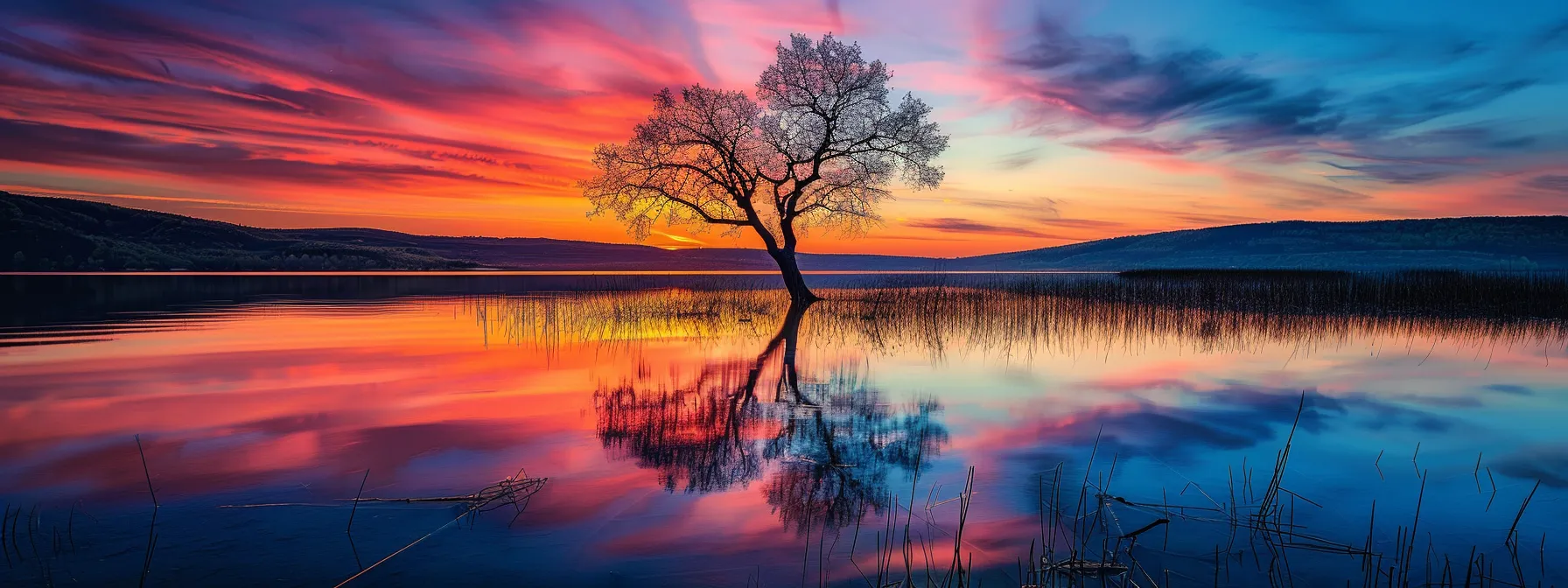a breathtaking sunset casts vibrant hues over a tranquil lake, where a solitary tree stands resilient amidst the serene waters, reflecting the vibrant colors of the sky.