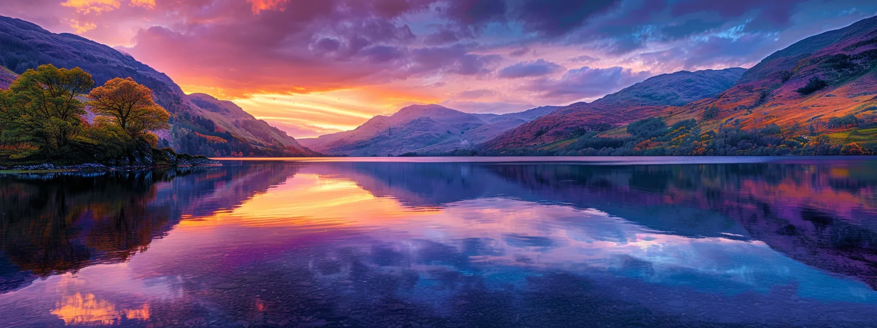 a breathtaking sunset casts vivid oranges and purples across the sky, illuminating a tranquil lake reflecting the vibrant colors of the horizon.