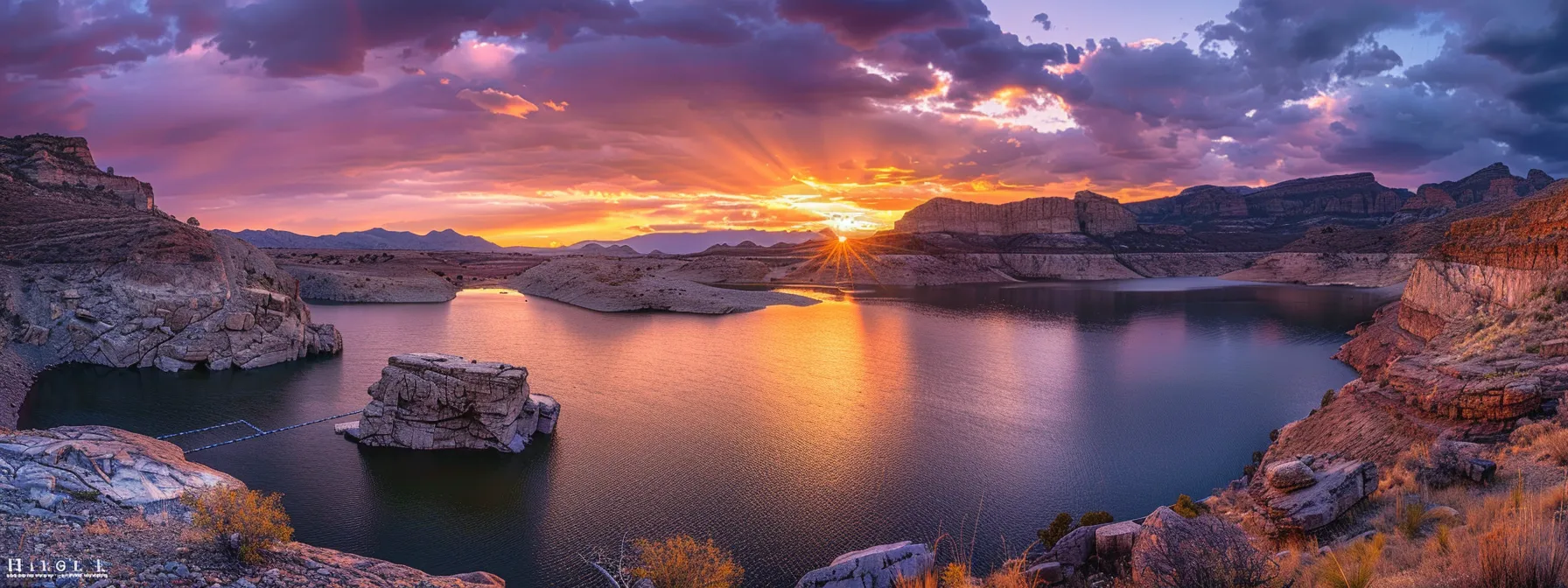 a breathtaking sunset illuminates a tranquil mountain lake, with vibrant oranges and purples reflecting off the glass-like surface, creating a serene atmosphere of natural beauty.