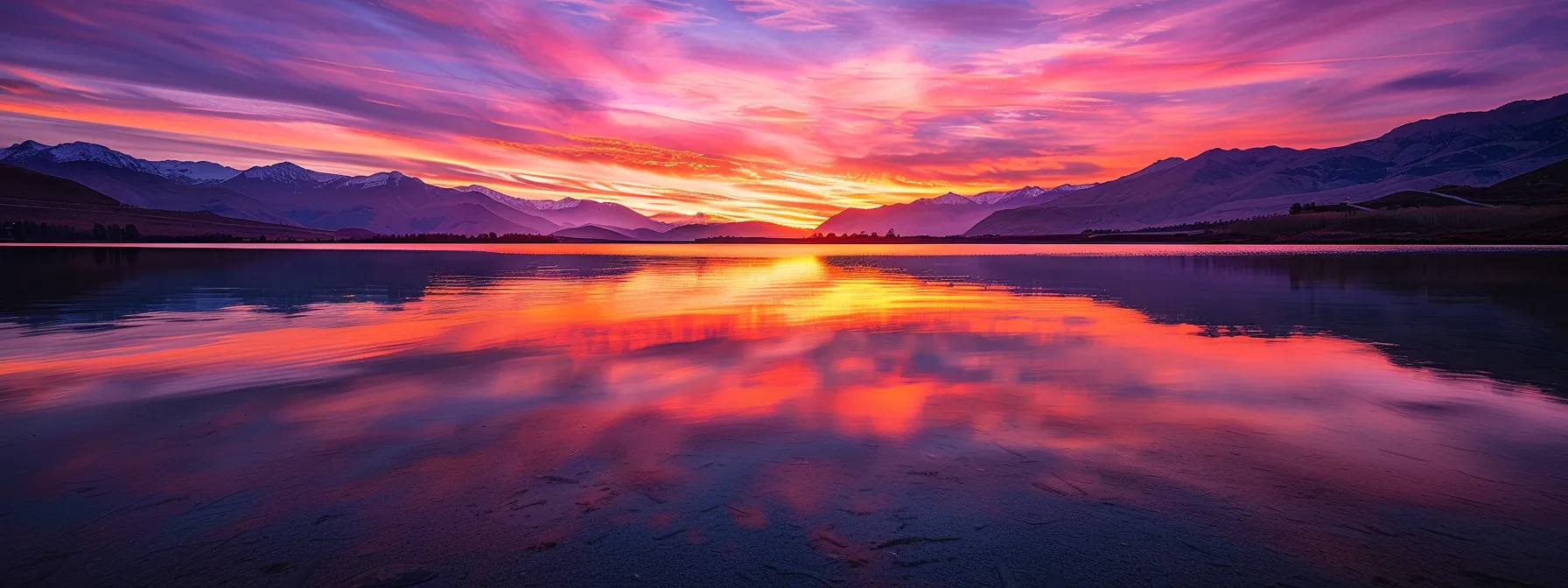 a breathtaking sunset illuminates a tranquil mountain lake, with vibrant hues of orange and purple reflecting off the glassy water surface, creating a serene and captivating atmosphere.