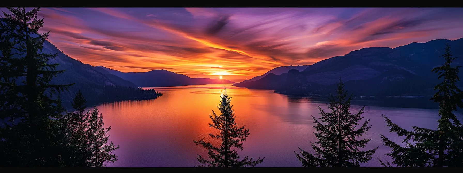 a breathtaking sunset over a tranquil lake reflects vibrant oranges and purples in the water, with silhouette trees framing the serene landscape.