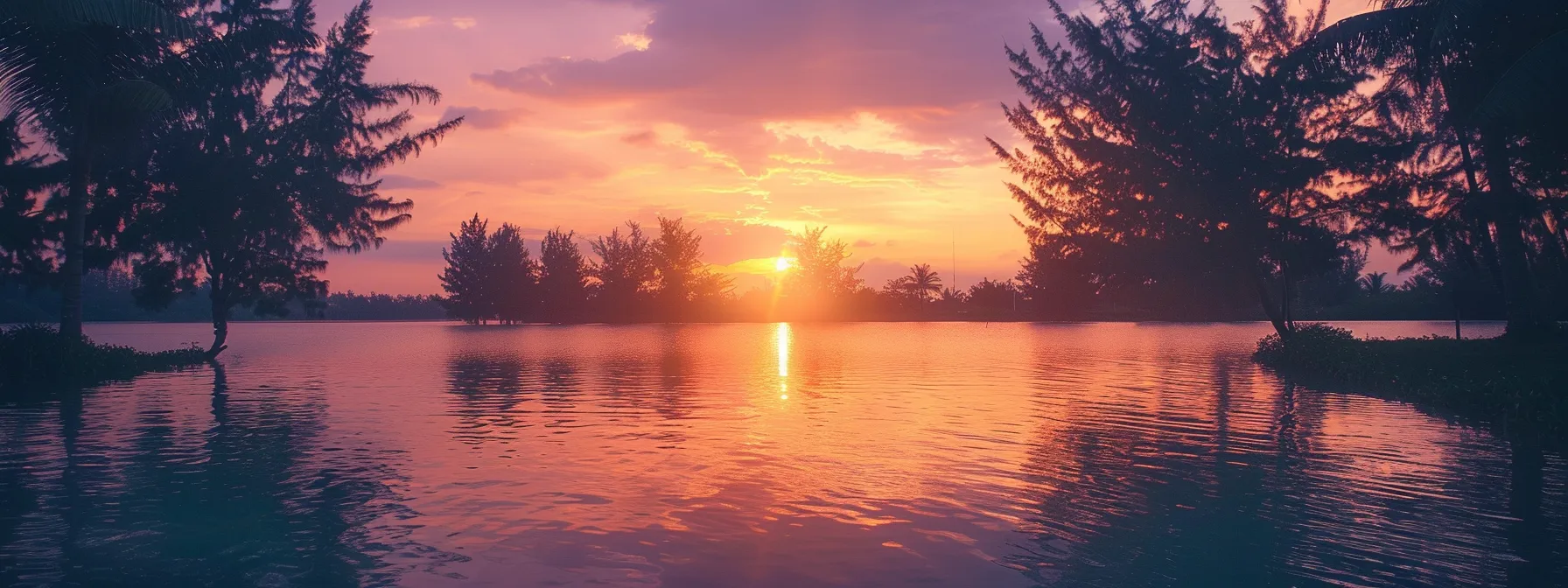 a breathtaking sunset over a tranquil lake, with vibrant hues of orange and purple reflecting off the glassy water, framed by silhouettes of lush pine trees.