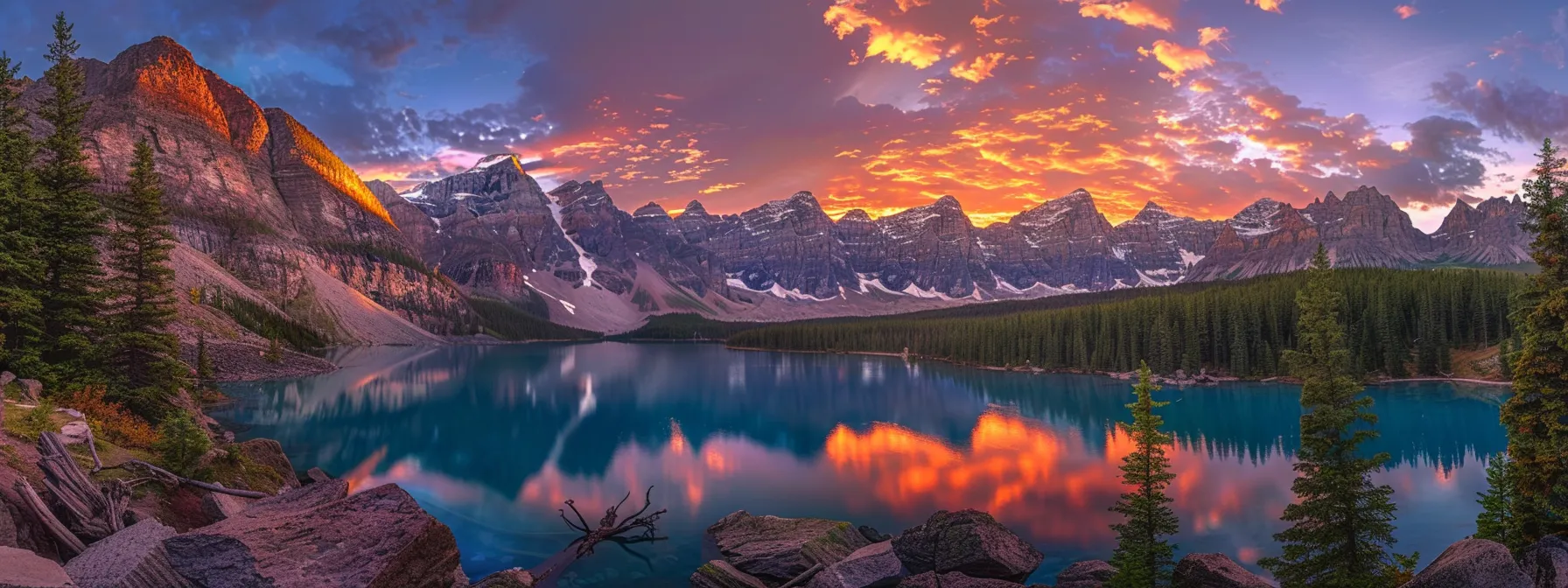 a breathtaking sunset paints the sky in vibrant oranges and purples, casting a golden glow over a tranquil lake surrounded by majestic mountains.