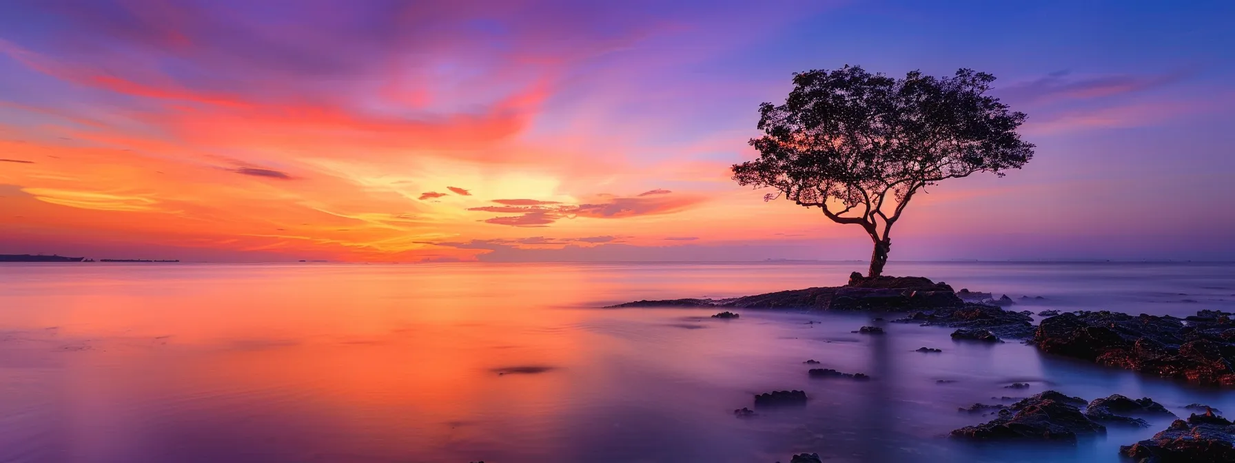 a breathtaking sunset paints the sky in radiant hues of orange and purple, silhouetting a solitary tree against the vibrant horizon, capturing the essence of tranquility and the beauty of nature.