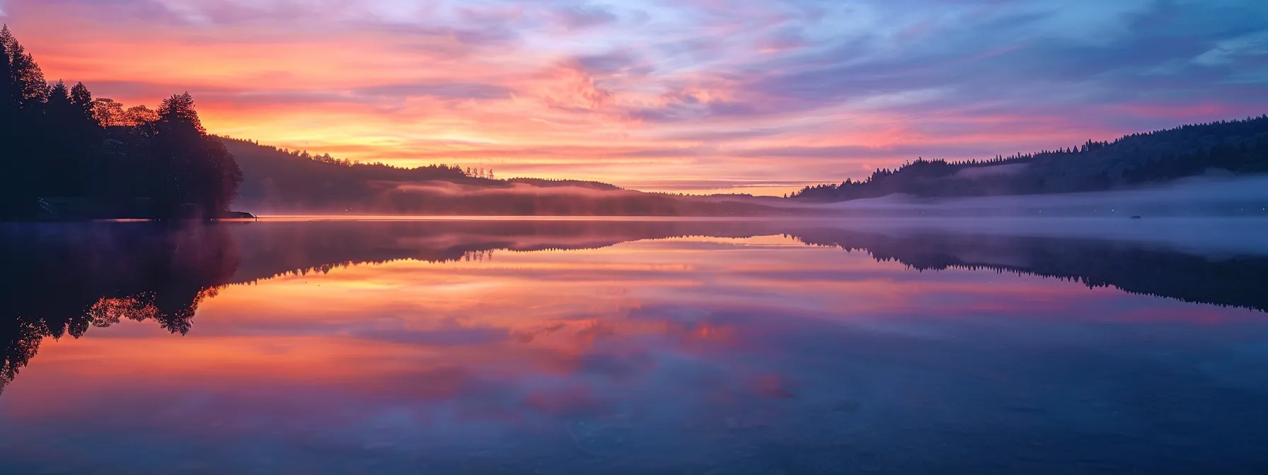 a captivating sunrise paints the horizon in vibrant hues of orange and pink, illuminating a tranquil lake that reflects the ethereal beauty of nature's awakening.
