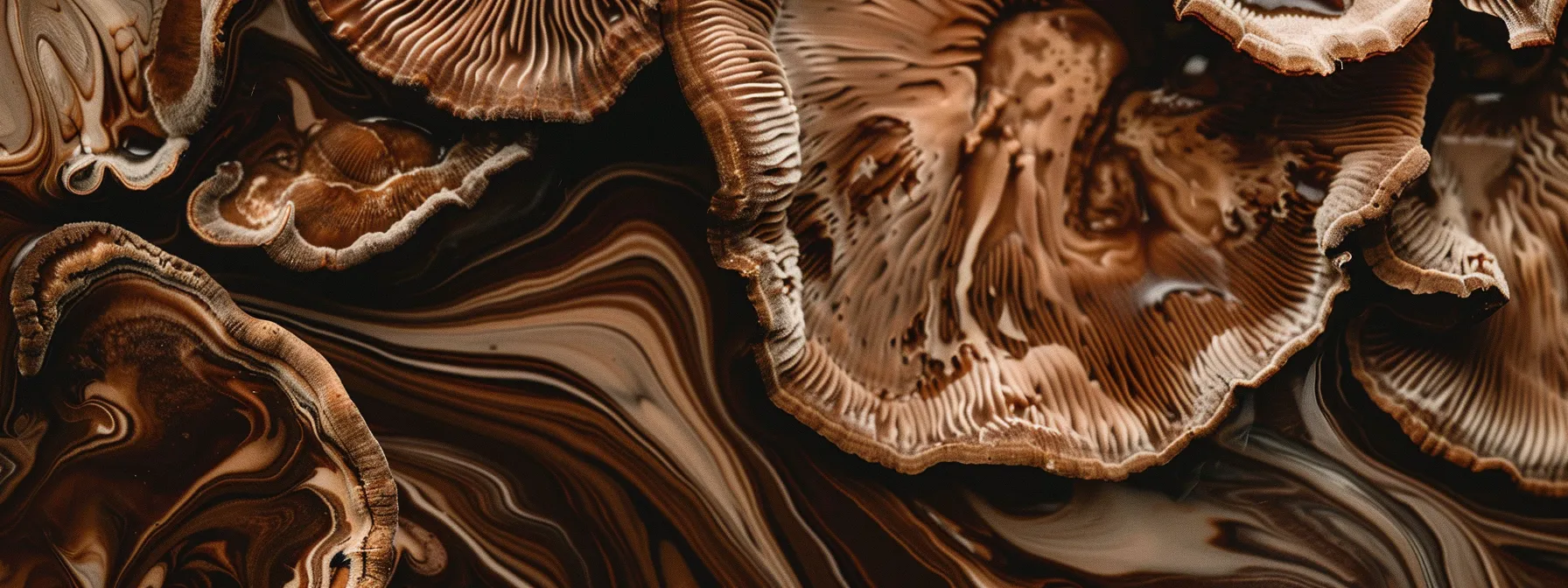 a close-up shot of a vibrant, earthy mushroom coffee blend, featuring rich, dark liquid swirls infused with delicate mushroom slices, illuminated by warm, natural light to highlight the organic texture and hues of the ingredients.