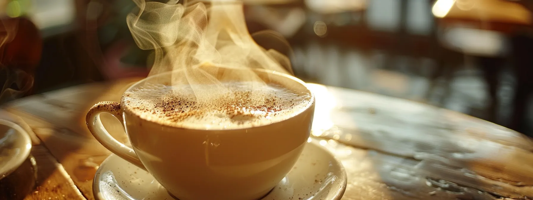 a close-up shot of a steaming cup of coffee elegantly topped with frothy, sugar-free creamer, bathed in warm morning light that highlights the creamy swirl and inviting texture.