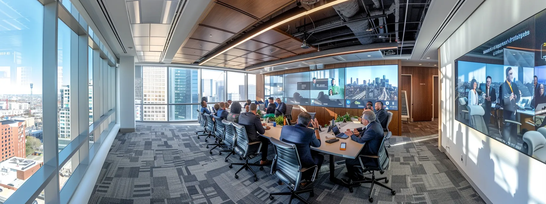 a dynamic business meeting unfolds in a sleek modern conference room, featuring a diverse group of professionals engaged in a passionate discussion around a cutting-edge digital presentation displayed on a large screen.