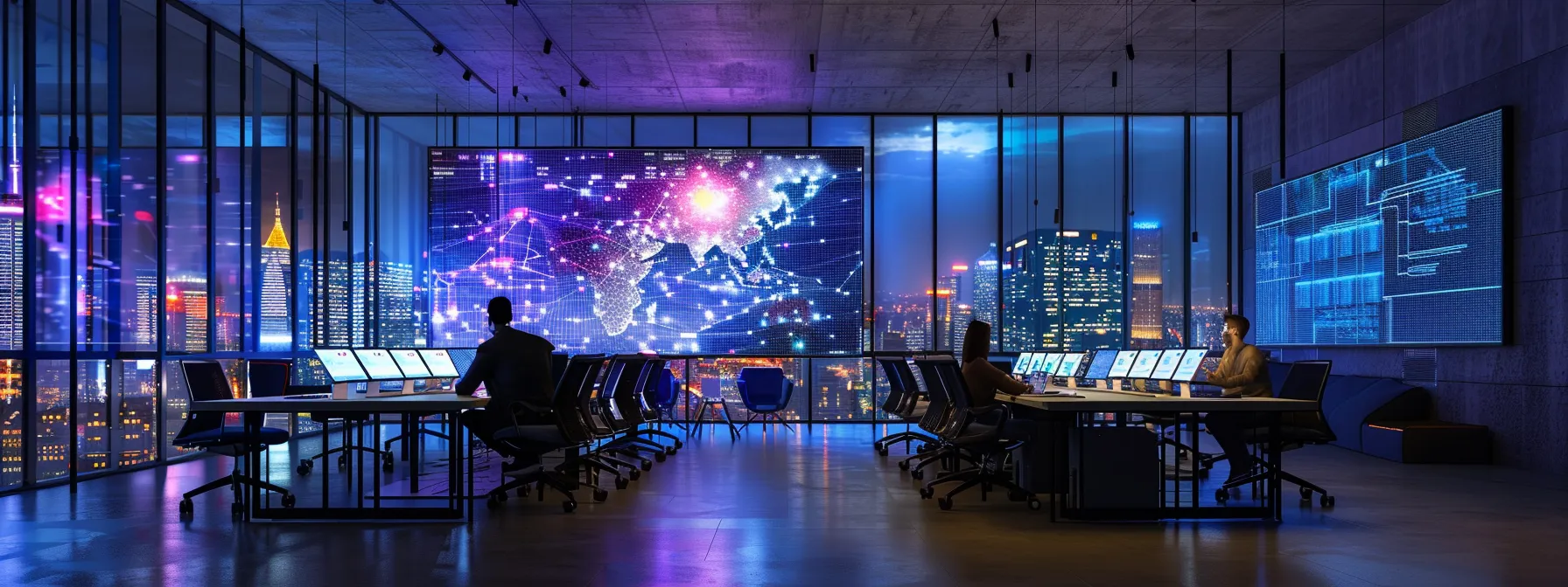 a dynamic urban workspace features sleek, minimalist desks illuminated by vibrant led screens, highlighting a diverse group of professionals engaged in an animated brainstorming session.