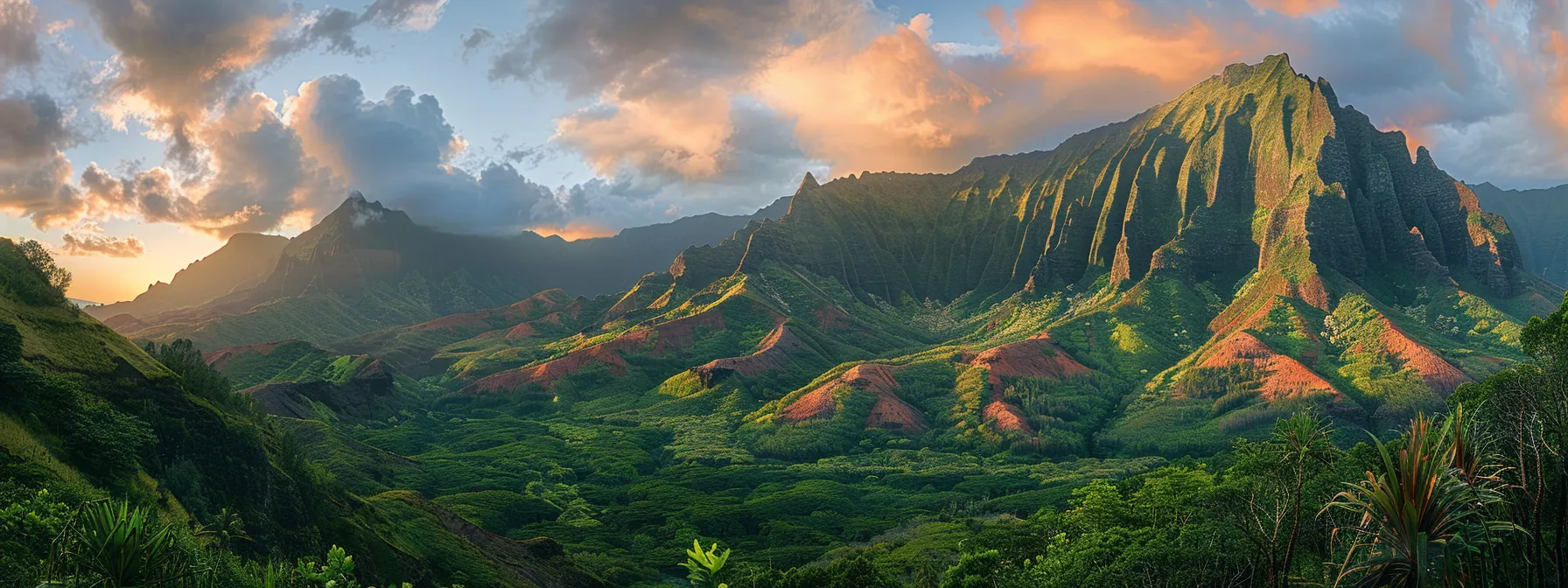 a majestic mountain landscape rises dramatically under a vibrant sunrise, with golden light illuminating the rugged peaks and serene valleys draped in lush greenery.