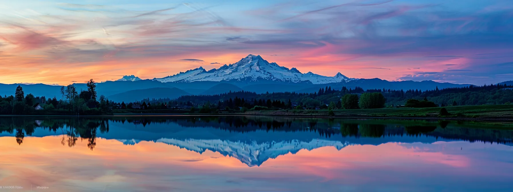 a majestic snow-capped mountain peaks pierce through the vibrant hues of a sunset sky, reflecting their beauty upon a serene, crystal-clear lake below.