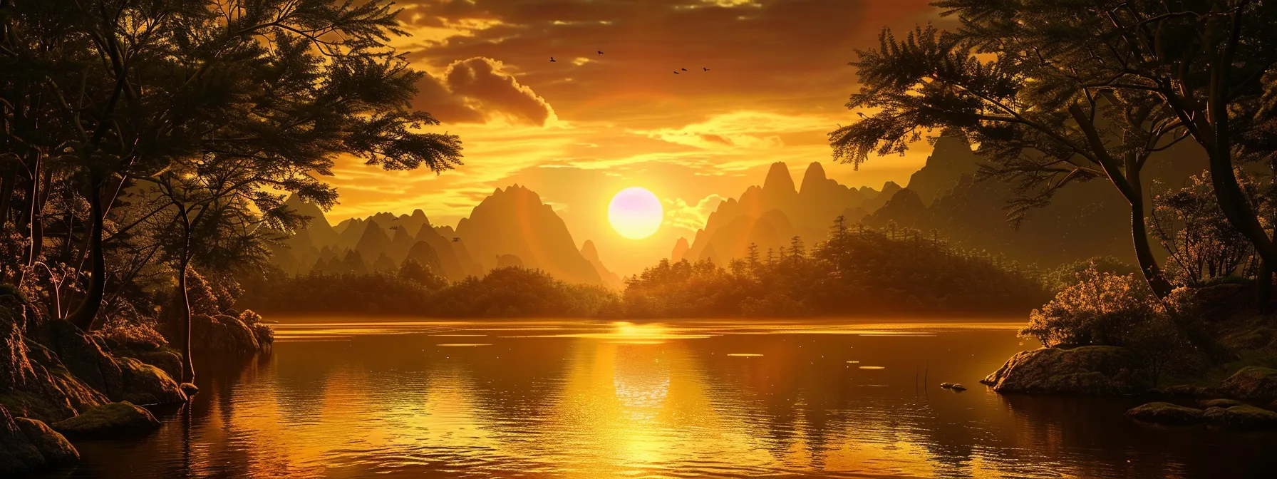 a mesmerizing golden sunset casts a warm glow over a tranquil lake, reflecting the vibrant hues of the sky while tall silhouettes of surrounding trees frame the serene landscape.