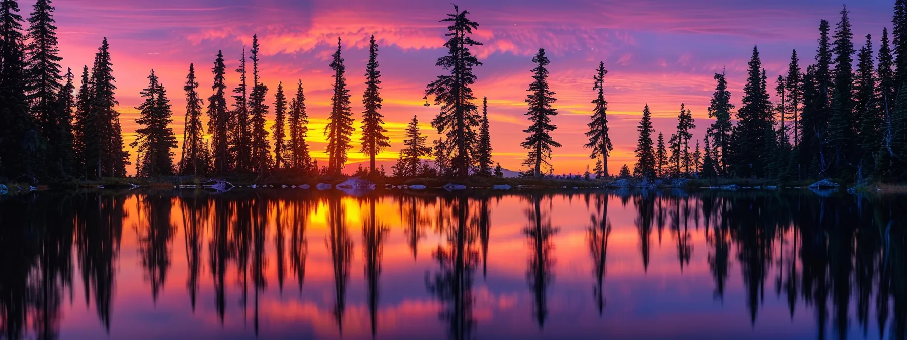 a mesmerizing sunset casts vibrant hues of orange and purple across a tranquil lake, reflecting a row of silhouette trees along the shore in perfect harmony.