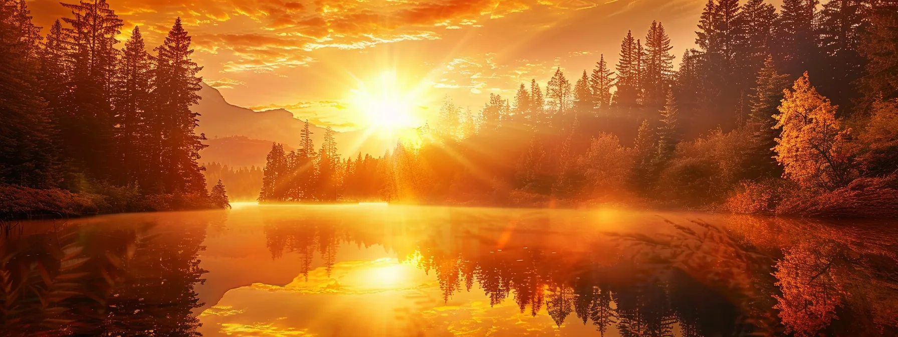 a radiant sunrise casts a warm golden light over a serene lake, creating a breathtaking reflection of vibrant autumn trees on the water's surface.