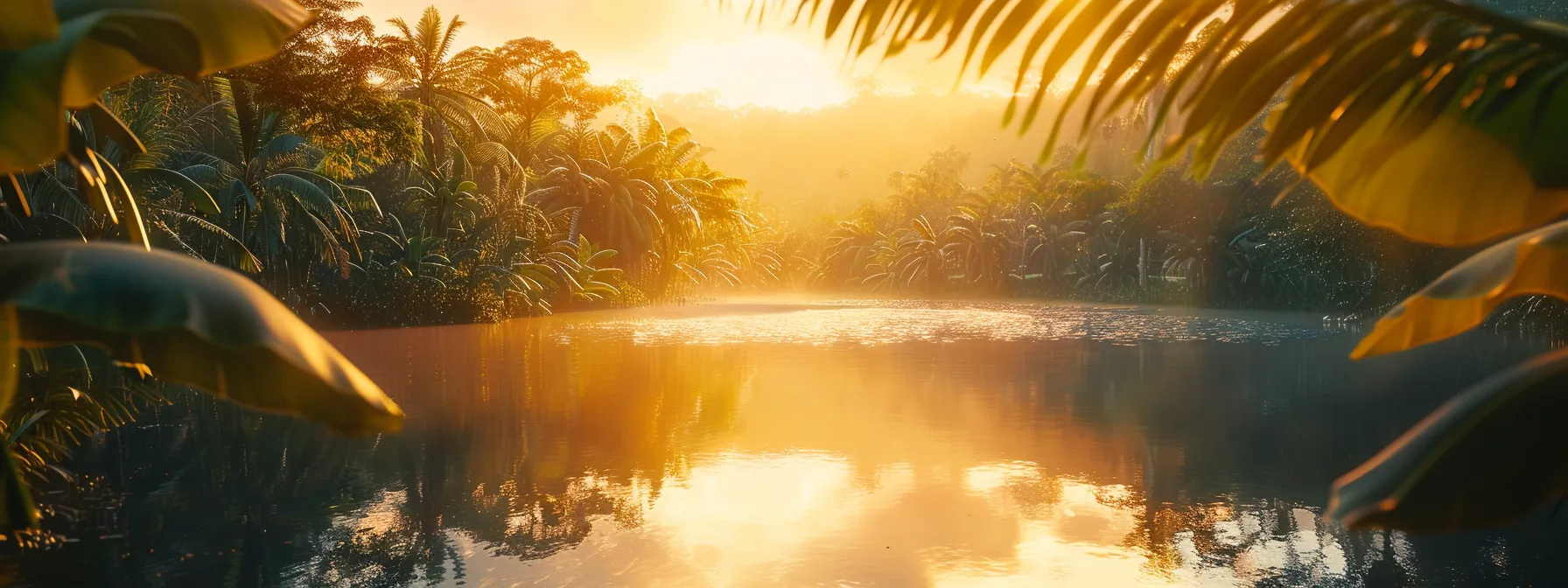 a radiant sunrise spills golden light over a tranquil lake, its glassy surface reflecting the vibrant hues of the sky and surrounding lush trees, creating a serene and captivating natural landscape.