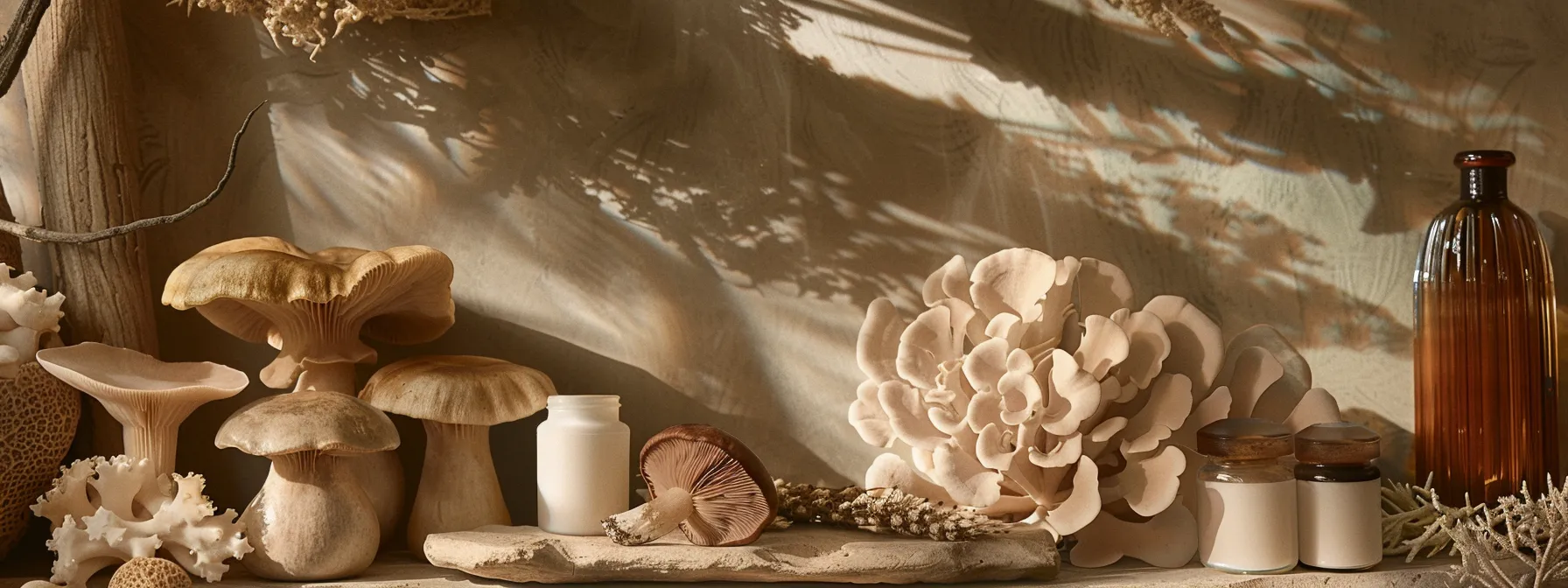 a serene and inviting arrangement of mudwater mushroom products set against a lush, natural backdrop, showcasing the earthy tones and textures that highlight their connection to wellness and balanced living.