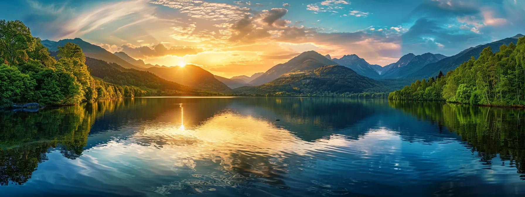 a serene landscape features a vibrant sunset casting golden hues over a tranquil lake, surrounded by lush, emerald-green forests and majestic mountains reflecting on the water's surface.