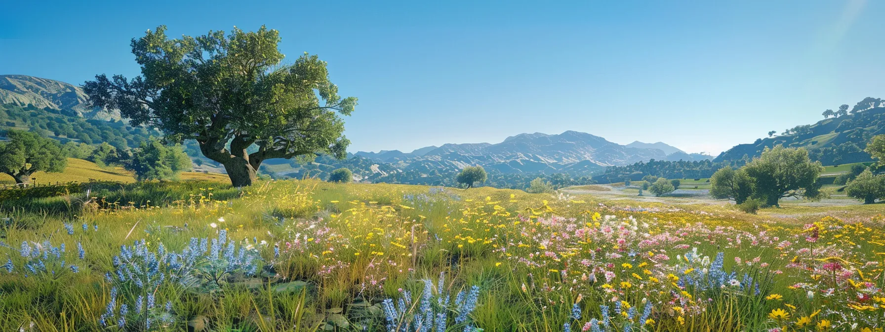 a serene, sunlit meadow bursts with vibrant wildflowers under a clear blue sky, evoking a sense of tranquility and natural beauty.