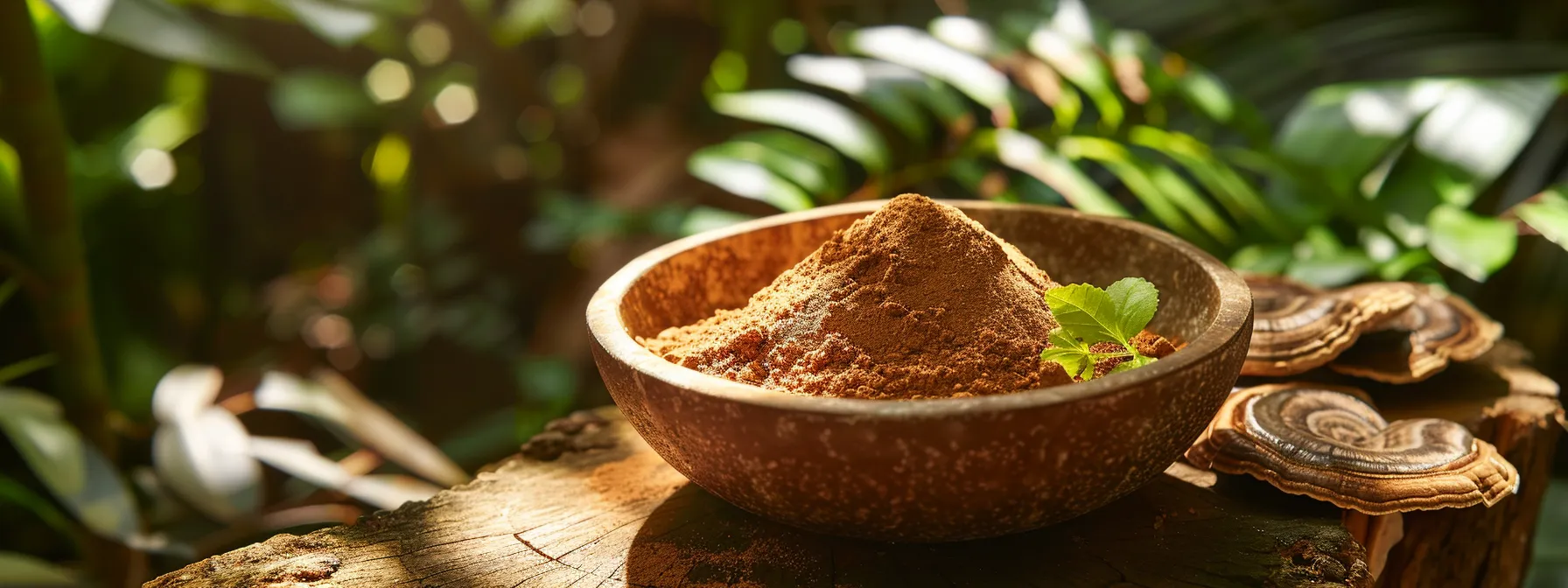 a serene, sunlit setting features a vibrant bowl of rich, organic reishi mushroom powder surrounded by tranquil greenery, symbolizing natural stress relief and mental clarity.
