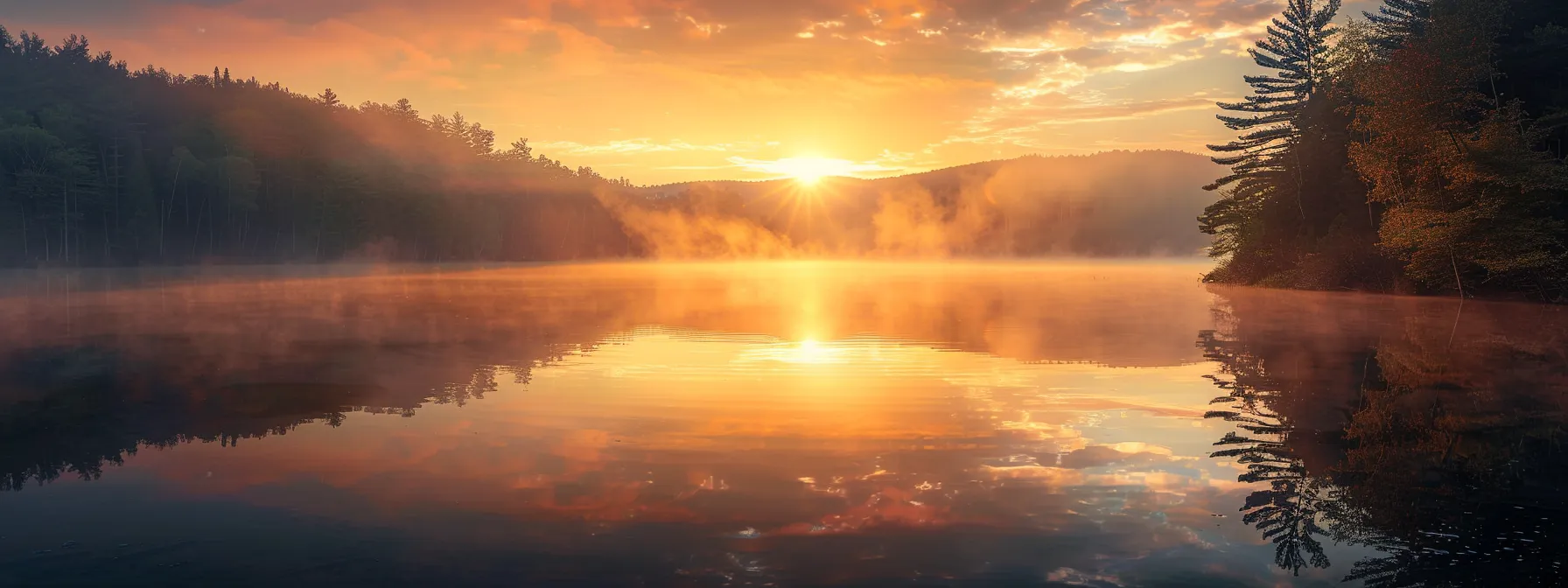 a serene sunrise illuminates a tranquil lake, reflecting vibrant hues of orange and pink as mist gently rises from the water's surface, creating a harmonious atmosphere of calm and beauty.